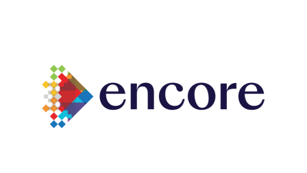 A logo with a colorful pixelated arrow pointing right, followed by the word "encore" in lowercase letters.